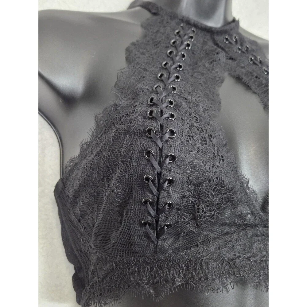 Victorias Secret Very Sexy Halter Keyhole Sheer Black XL Lace Up Goth Grunge Top - Picture 2 of 8